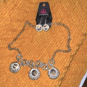 Paparazzi Silver Colored & White Gem Necklace & Earring Set - New